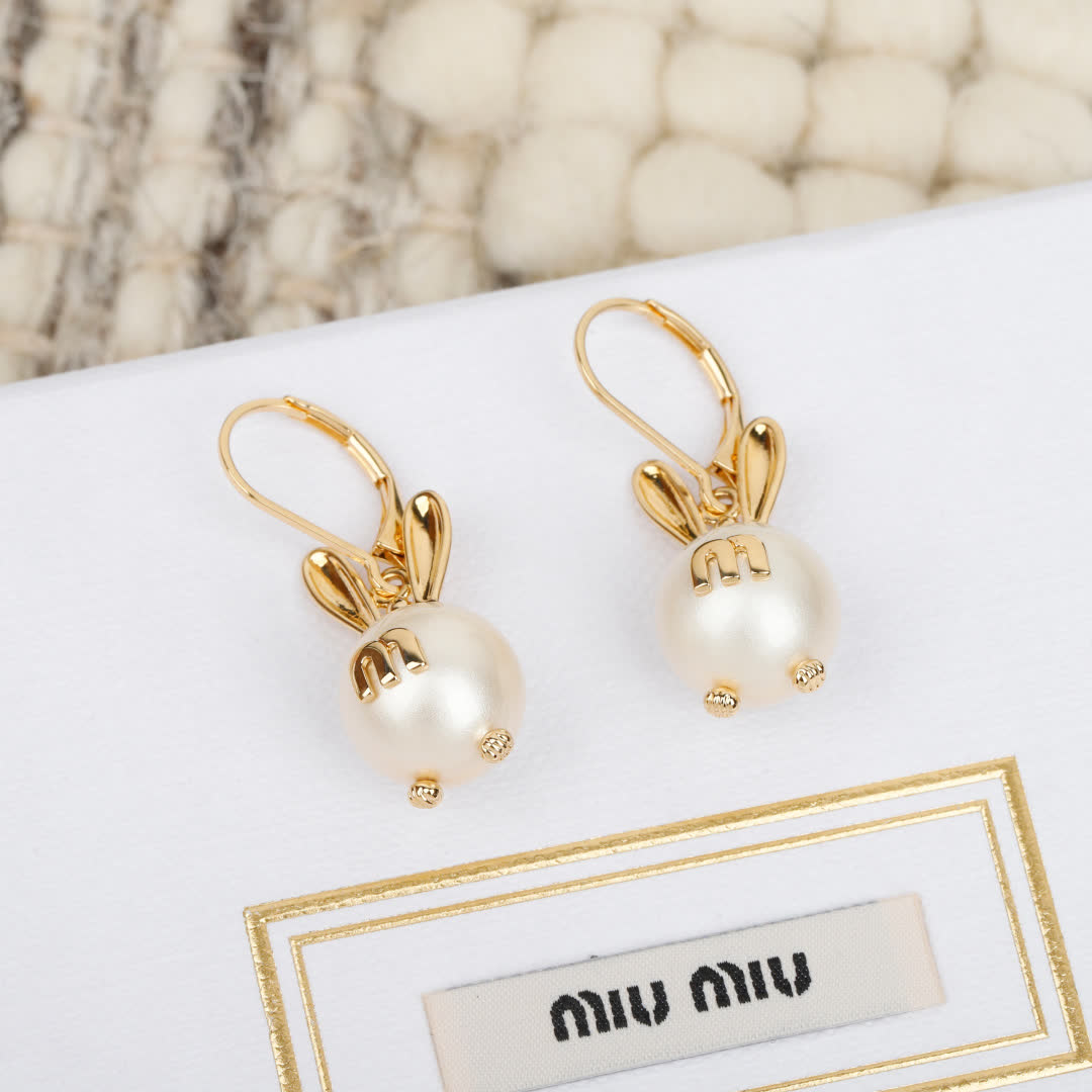 Miu Miu Gold Tone Bunny Earrings with Pearl Detail